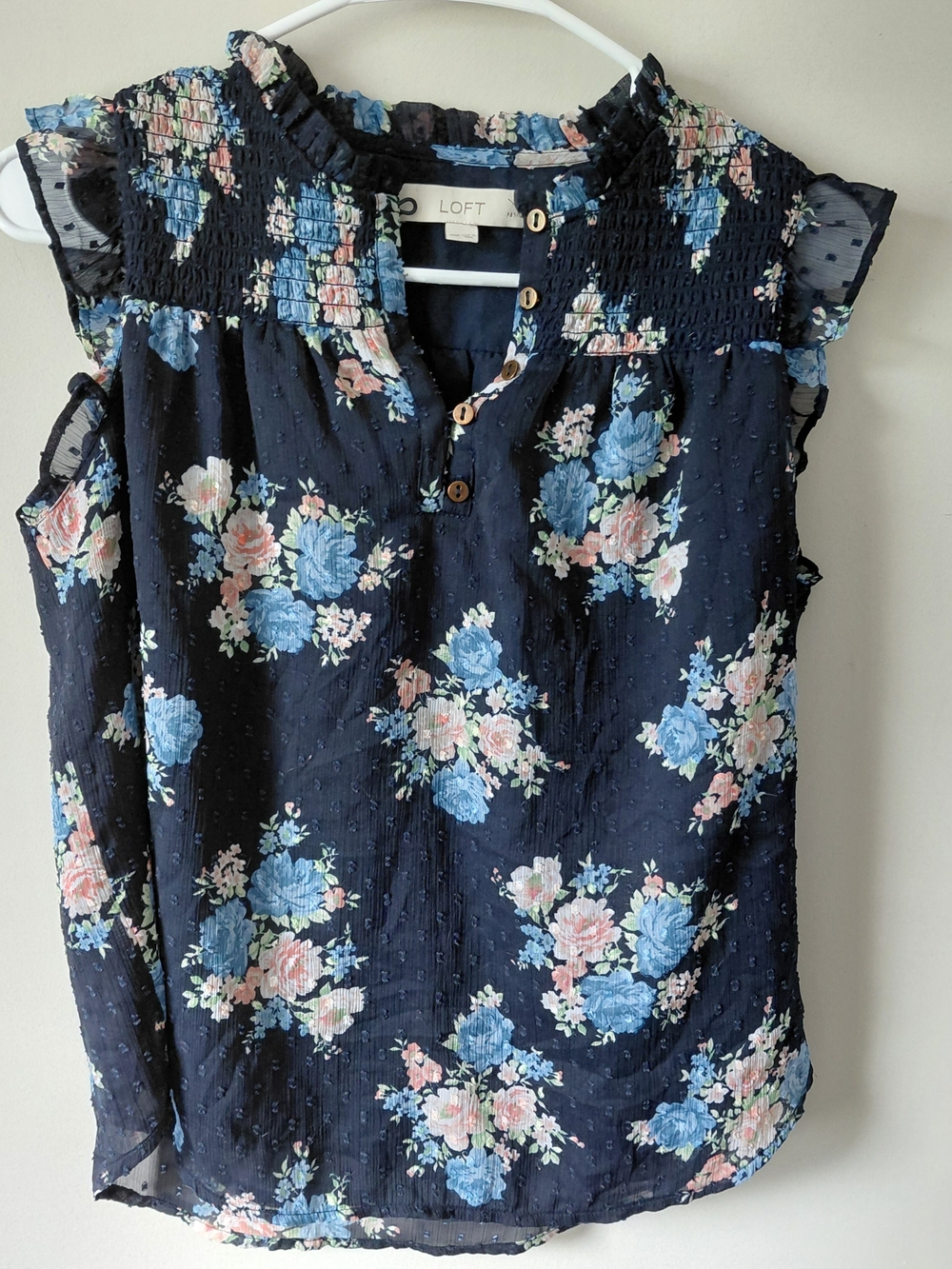 LOFT Navy Floral Smocked Ruffle Cap-Sleeve Blouse